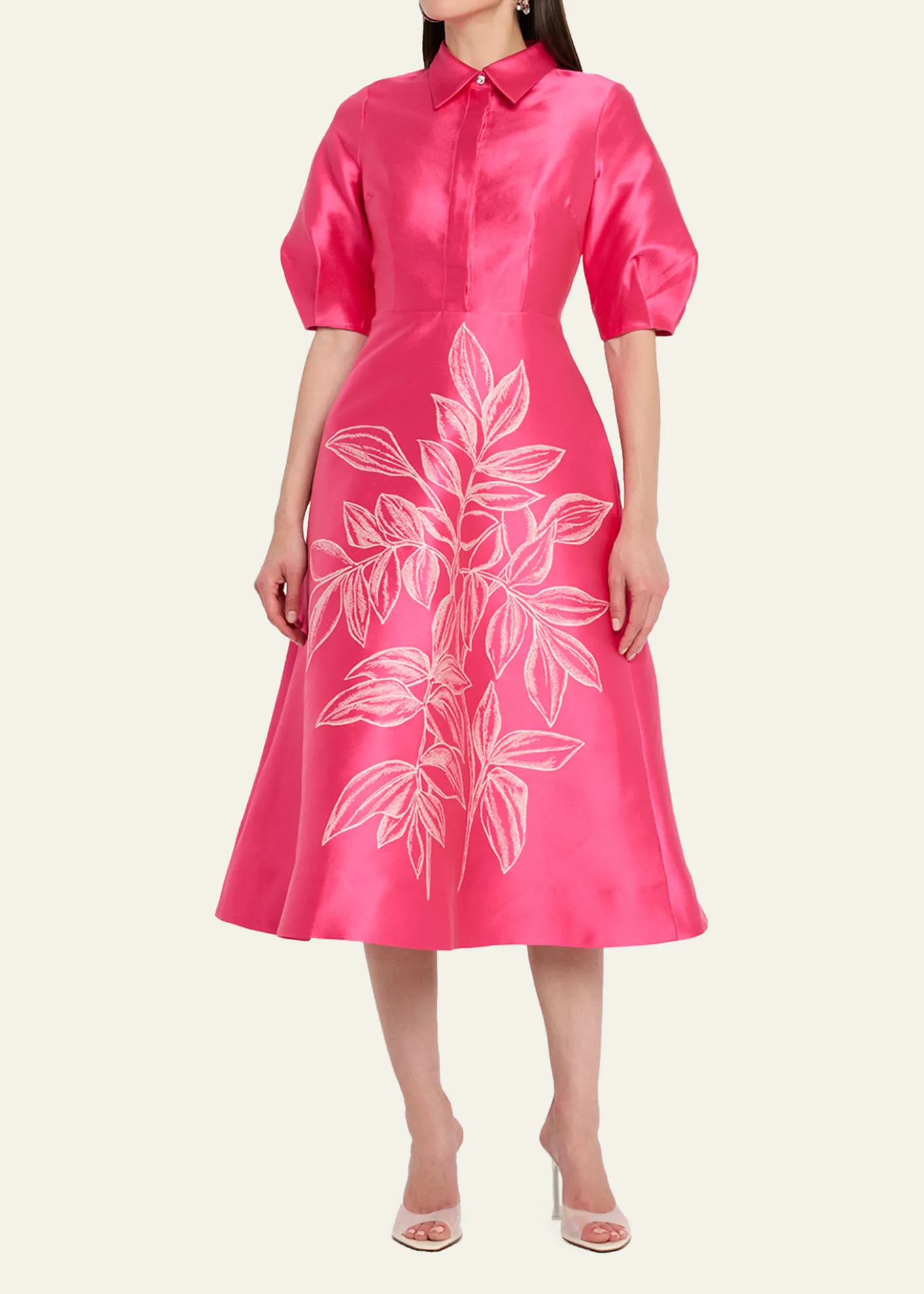 Rickie Freeman for Teri JonPuff-Sleeve Gazar Midi Shirtdress