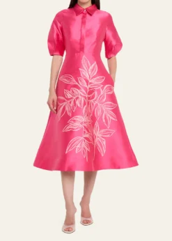 Rickie Freeman for Teri JonPuff-Sleeve Gazar Midi Shirtdress