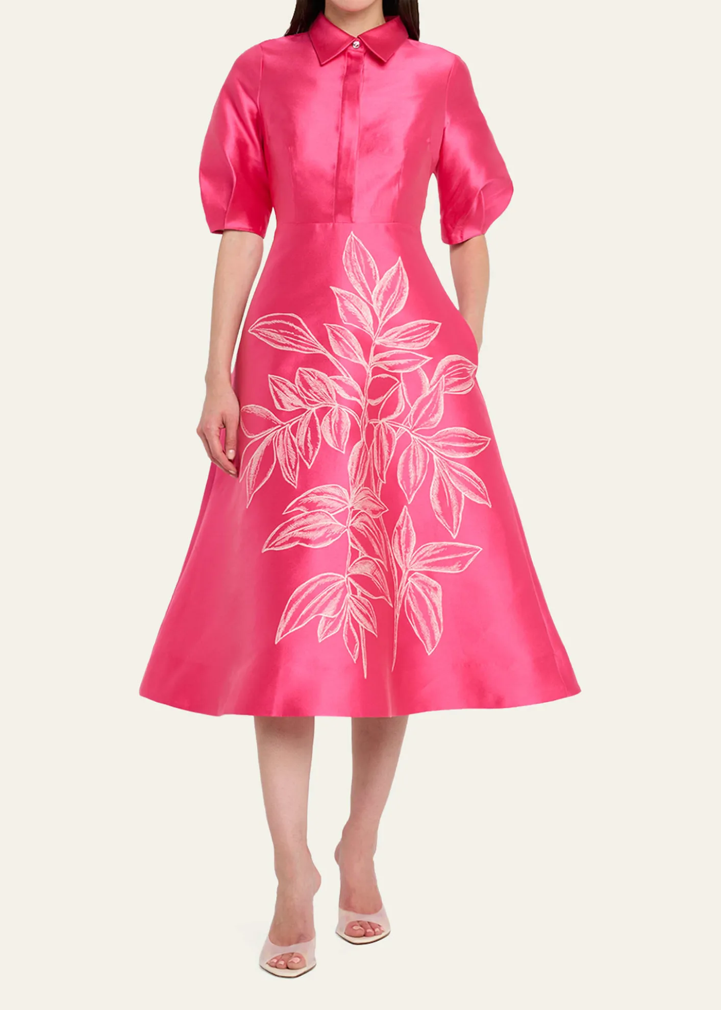 Rickie Freeman for Teri JonPuff-Sleeve Gazar Midi Shirtdress