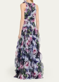 Rickie Freeman for Teri JonRuffle-Trim Floral Chiffon Halter Gown