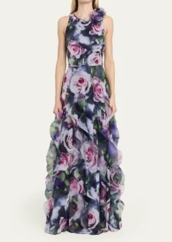 Rickie Freeman for Teri JonRuffle-Trim Floral Chiffon Halter Gown
