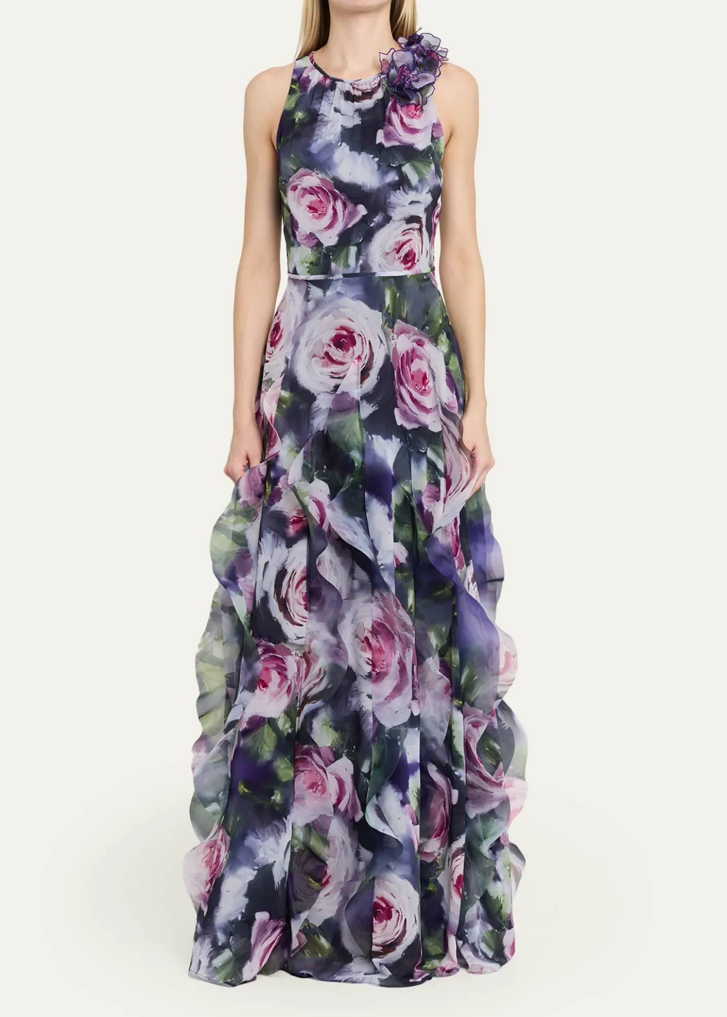 Rickie Freeman for Teri JonRuffle-Trim Floral Chiffon Halter Gown