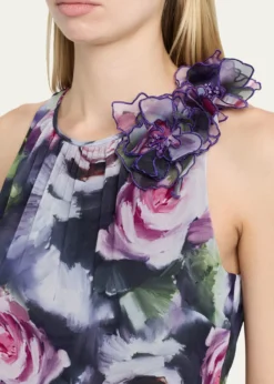 Rickie Freeman for Teri JonRuffle-Trim Floral Chiffon Halter Gown