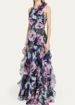 Rickie Freeman for Teri JonRuffle-Trim Floral Chiffon Halter Gown