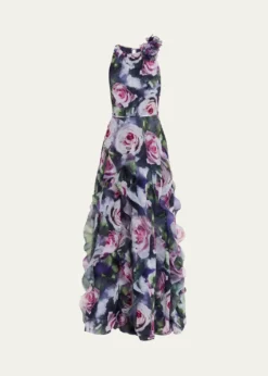 Rickie Freeman for Teri JonRuffle-Trim Floral Chiffon Halter Gown