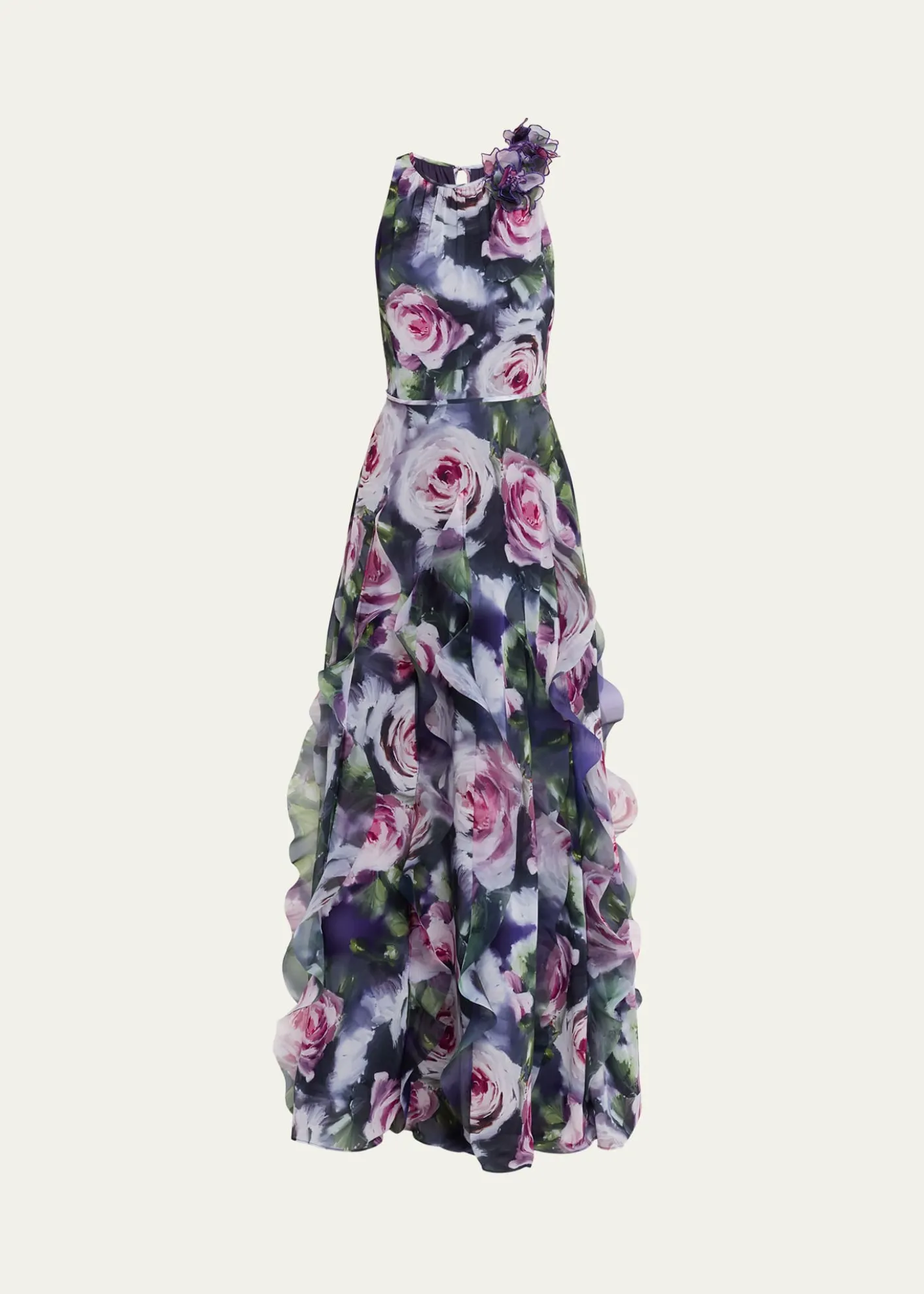 Rickie Freeman for Teri JonRuffle-Trim Floral Chiffon Halter Gown