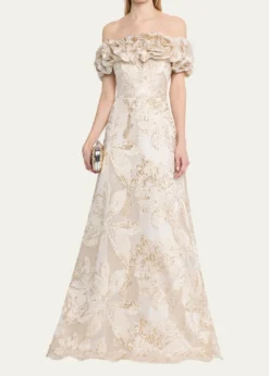 Rickie Freeman for Teri JonRuffled Off-Shoulder Metallic Jacquard Gown