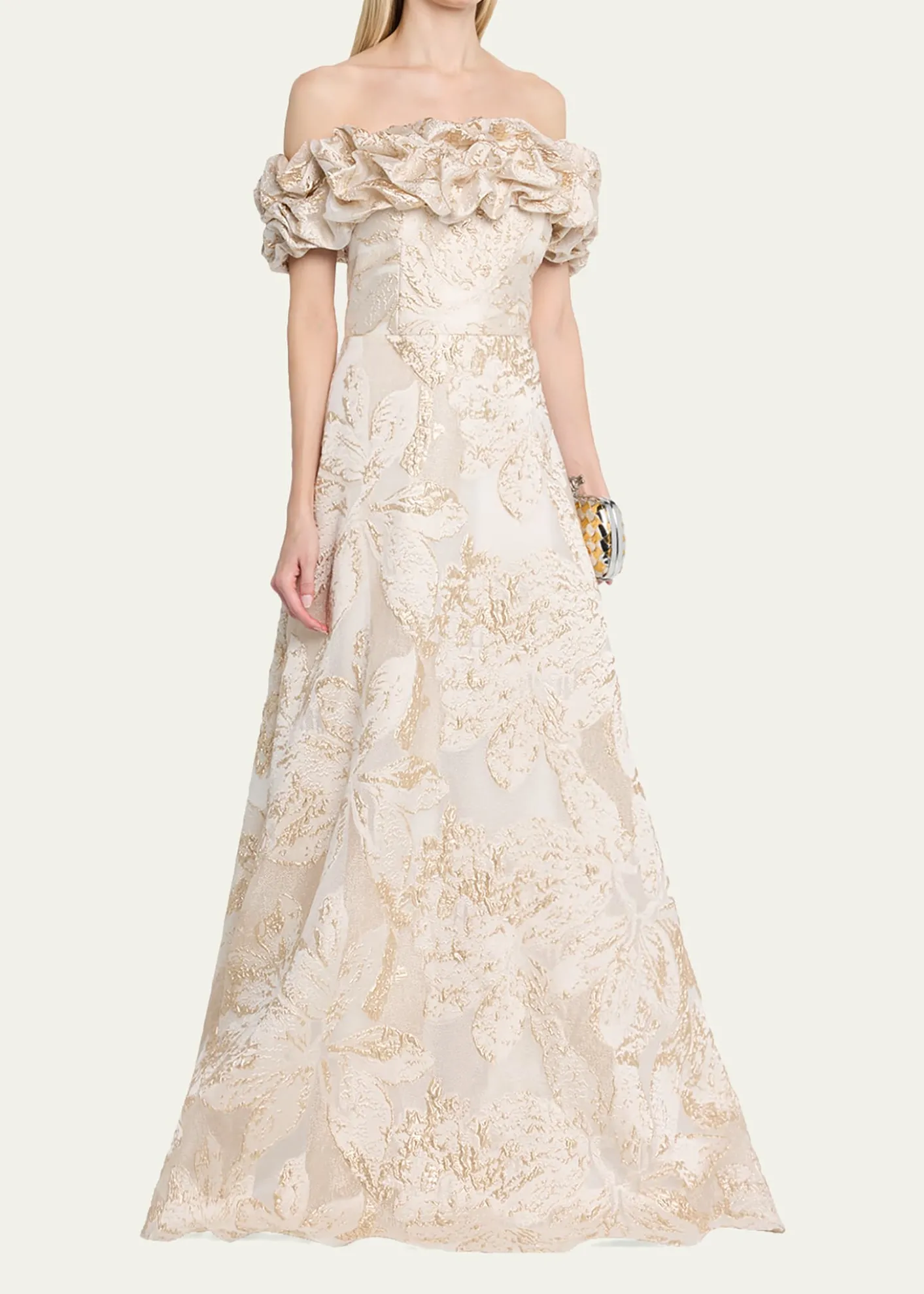 Rickie Freeman for Teri JonRuffled Off-Shoulder Metallic Jacquard Gown