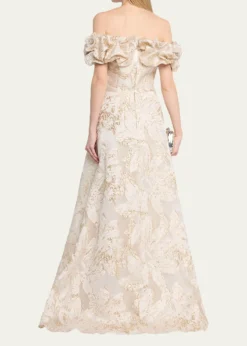 Rickie Freeman for Teri JonRuffled Off-Shoulder Metallic Jacquard Gown