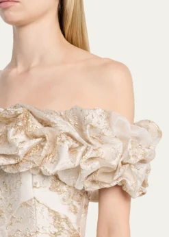 Rickie Freeman for Teri JonRuffled Off-Shoulder Metallic Jacquard Gown