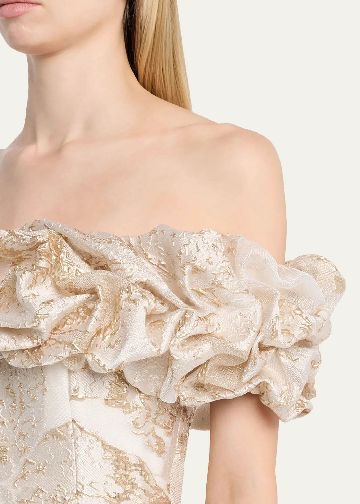 Rickie Freeman for Teri JonRuffled Off-Shoulder Metallic Jacquard Gown