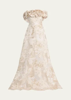 Rickie Freeman for Teri JonRuffled Off-Shoulder Metallic Jacquard Gown