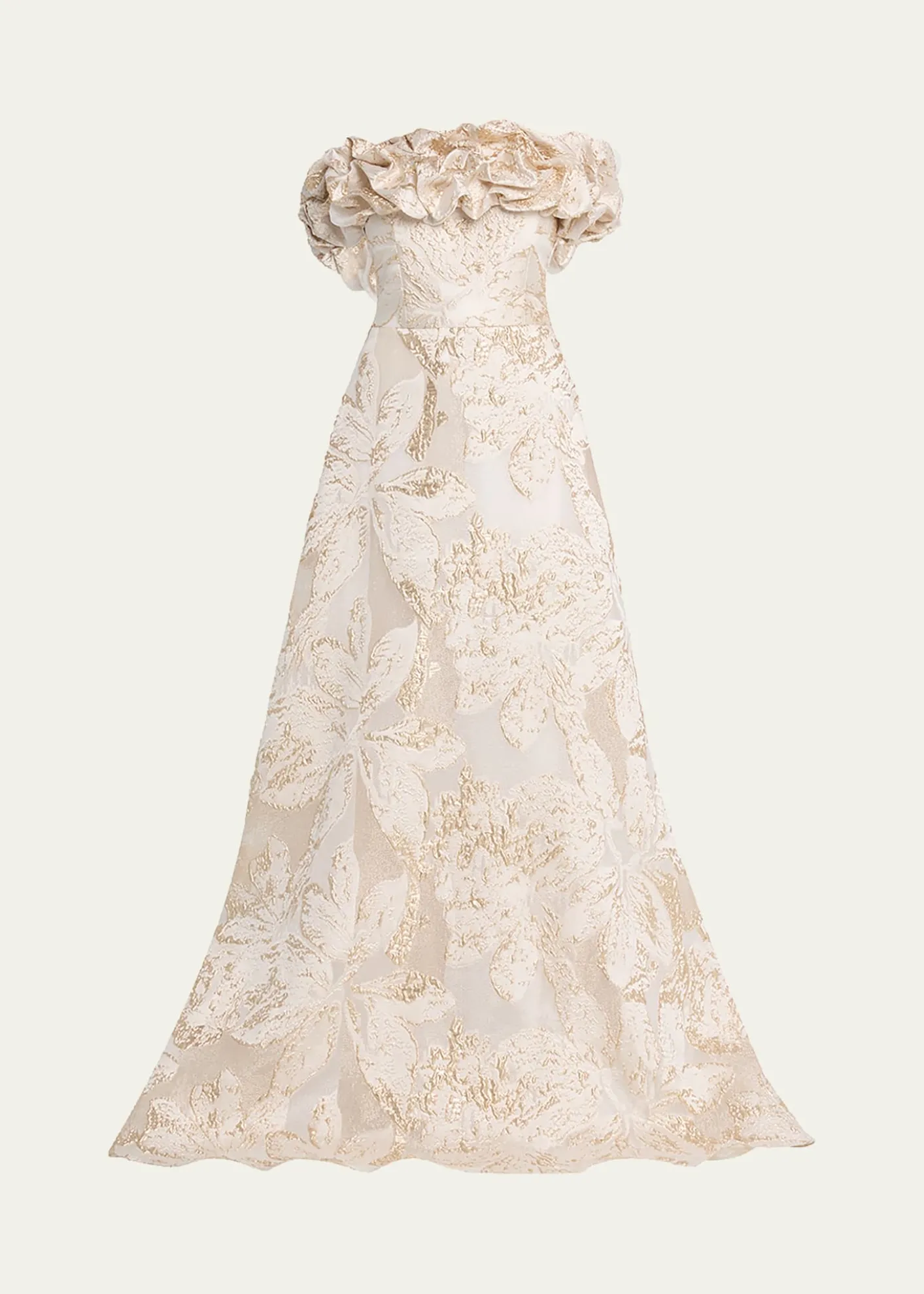 Rickie Freeman for Teri JonRuffled Off-Shoulder Metallic Jacquard Gown