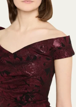 Rickie Freeman for Teri JonRuched Metallic Floral Jacquard Column Gown