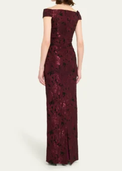 Rickie Freeman for Teri JonRuched Metallic Floral Jacquard Column Gown