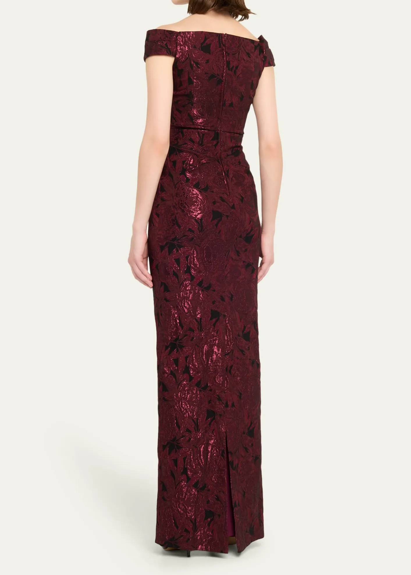Rickie Freeman for Teri JonRuched Metallic Floral Jacquard Column Gown