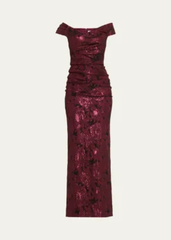 Rickie Freeman for Teri JonRuched Metallic Floral Jacquard Column Gown