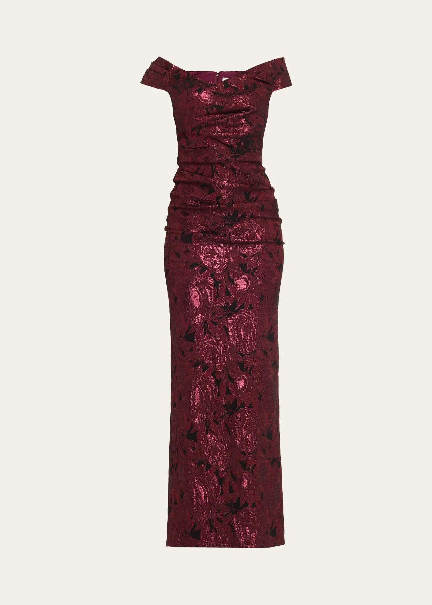 Rickie Freeman for Teri JonRuched Metallic Floral Jacquard Column Gown