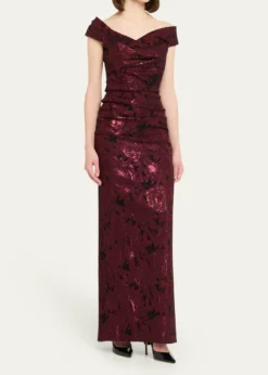 Rickie Freeman for Teri JonRuched Metallic Floral Jacquard Column Gown