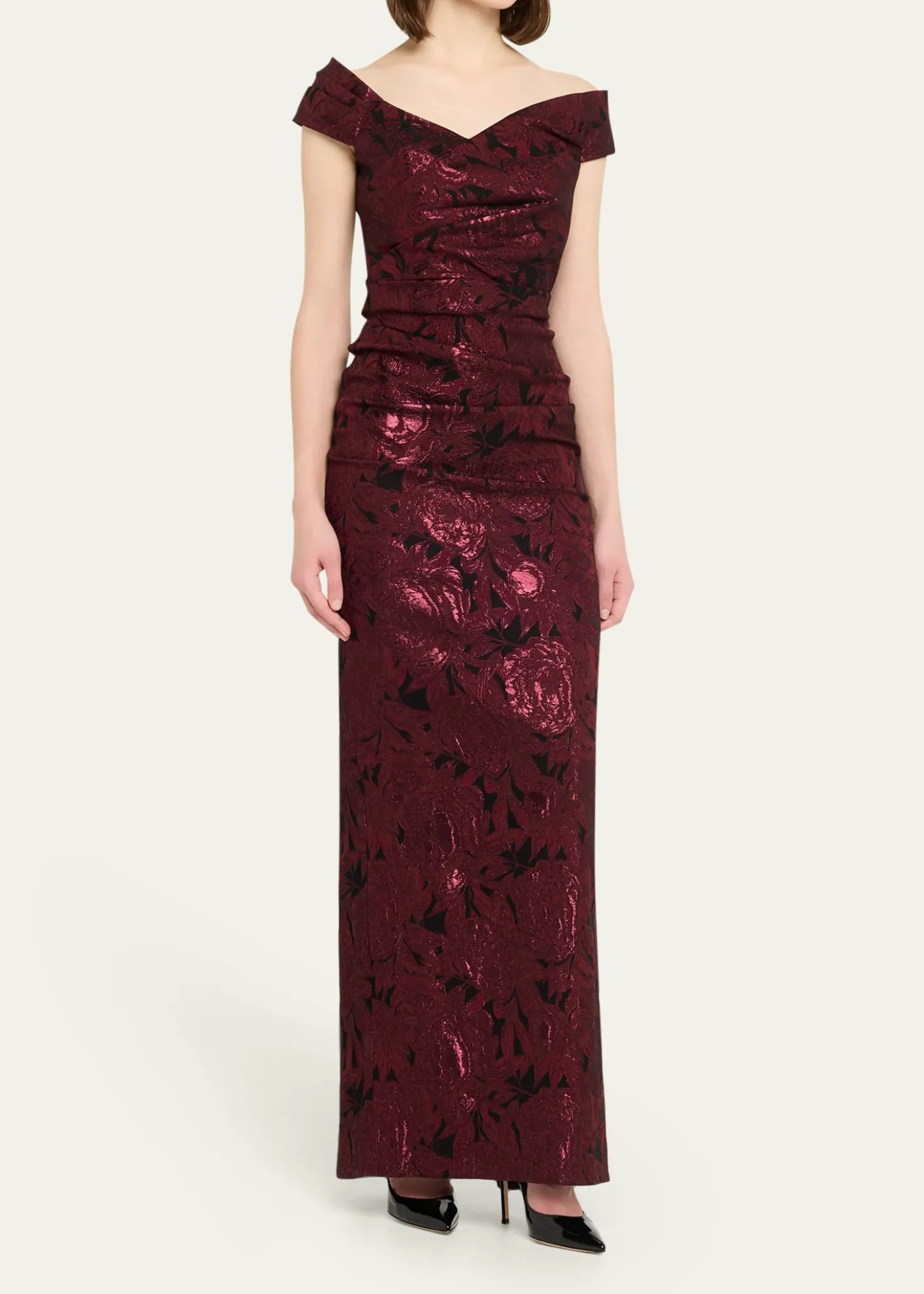 Rickie Freeman for Teri JonRuched Metallic Floral Jacquard Column Gown