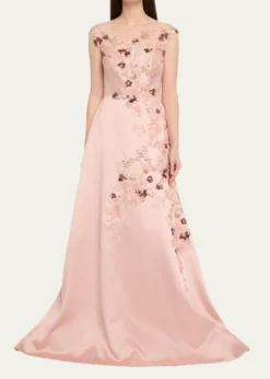 Rickie Freeman for Teri JonSequin Floral-Embroidered Jacquard Gown