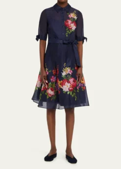 Rickie Freeman for Teri JonSilken Linen Floral-Print Shirtdress