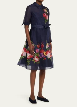 Rickie Freeman for Teri JonSilken Linen Floral-Print Shirtdress
