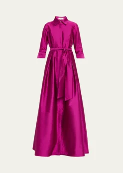 Rickie Freeman for Teri Jon3/4-Sleeve Taffeta Shirtdress Gown