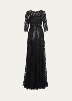 Rickie Freeman for Teri Jon3/4-Sleeve Lace Overlay Gown