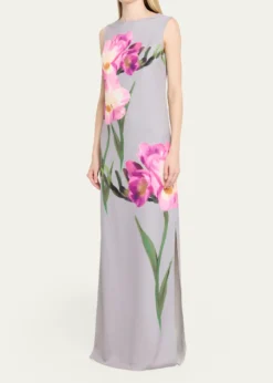 Rickie Freeman for Teri JonSleeveless Floral-Print Scuba Column Gown