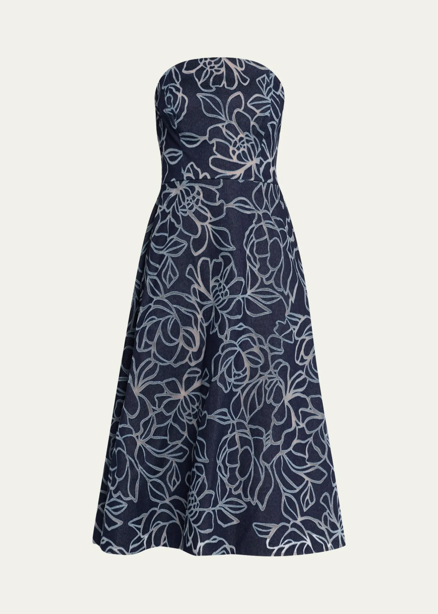 Rickie Freeman for Teri JonStrapless Floral Burnout Denim Midi Dress
