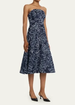 Rickie Freeman for Teri JonStrapless Floral Burnout Denim Midi Dress