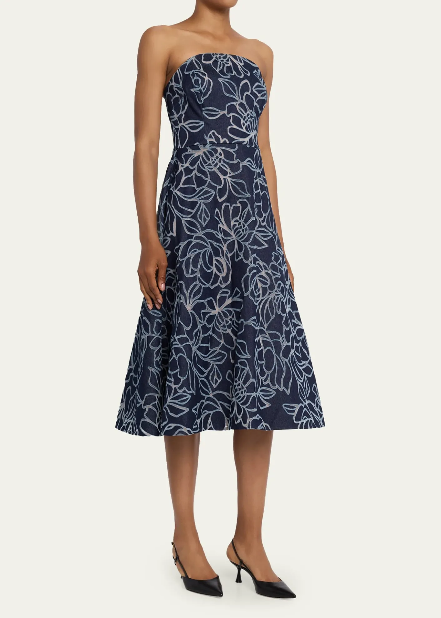 Rickie Freeman for Teri JonStrapless Floral Burnout Denim Midi Dress