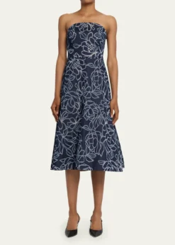 Rickie Freeman for Teri JonStrapless Floral Burnout Denim Midi Dress