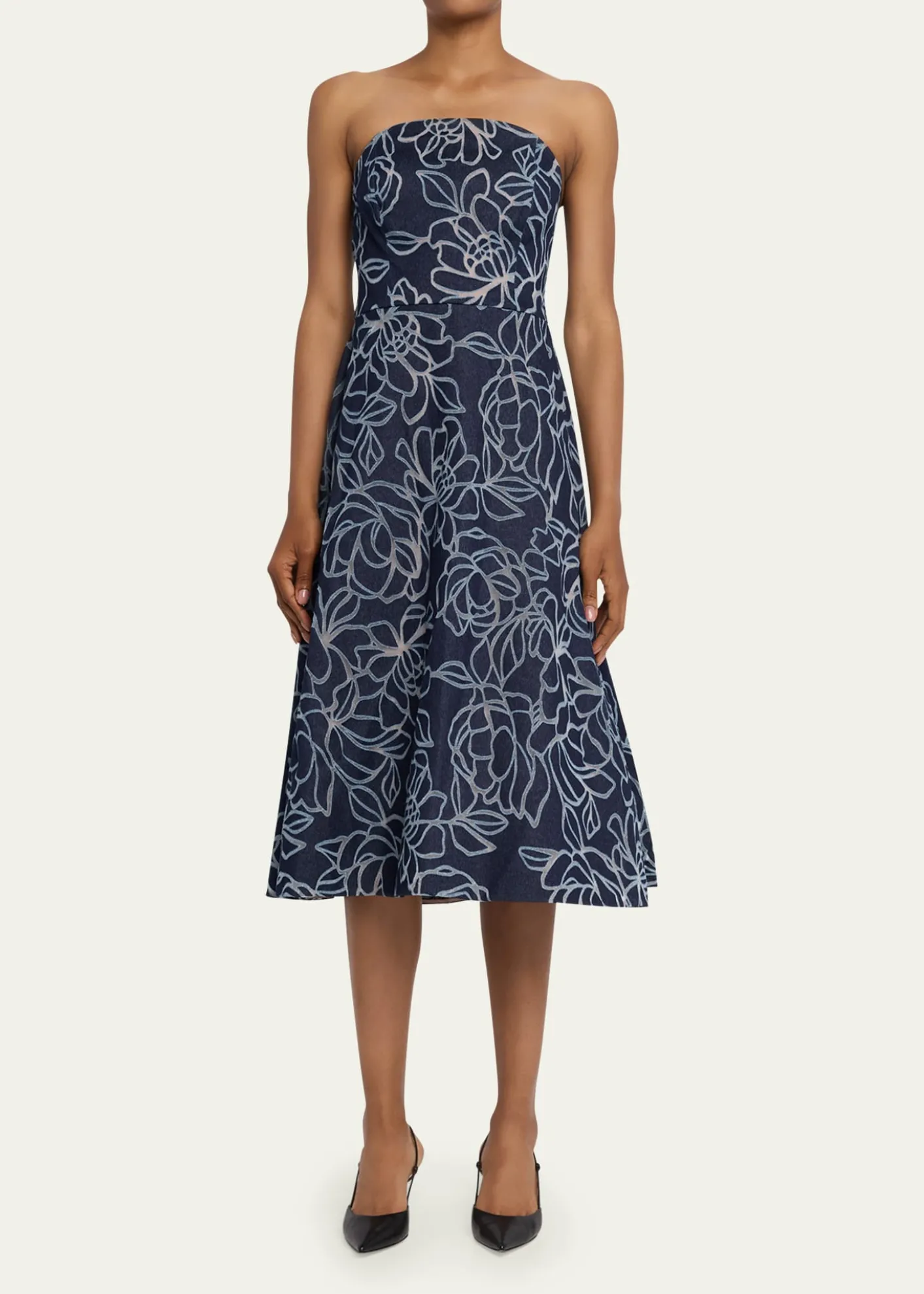 Rickie Freeman for Teri JonStrapless Floral Burnout Denim Midi Dress