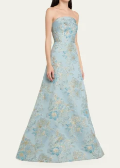 Rickie Freeman for Teri JonStrapless Metallic Floral Jacquard Gown