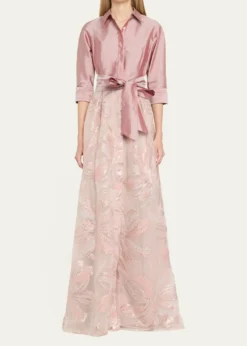 Rickie Freeman for Teri JonTaffeta & Floral Jacquard Shirt Gown