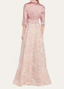 Rickie Freeman for Teri JonTaffeta & Floral Jacquard Shirt Gown