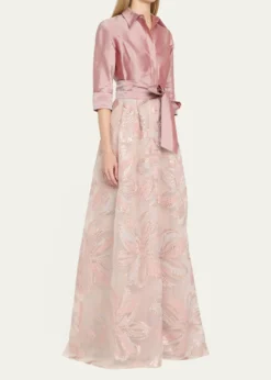 Rickie Freeman for Teri JonTaffeta & Floral Jacquard Shirt Gown