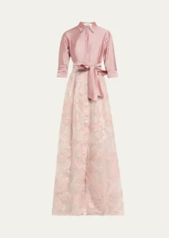 Rickie Freeman for Teri JonTaffeta & Floral Jacquard Shirt Gown