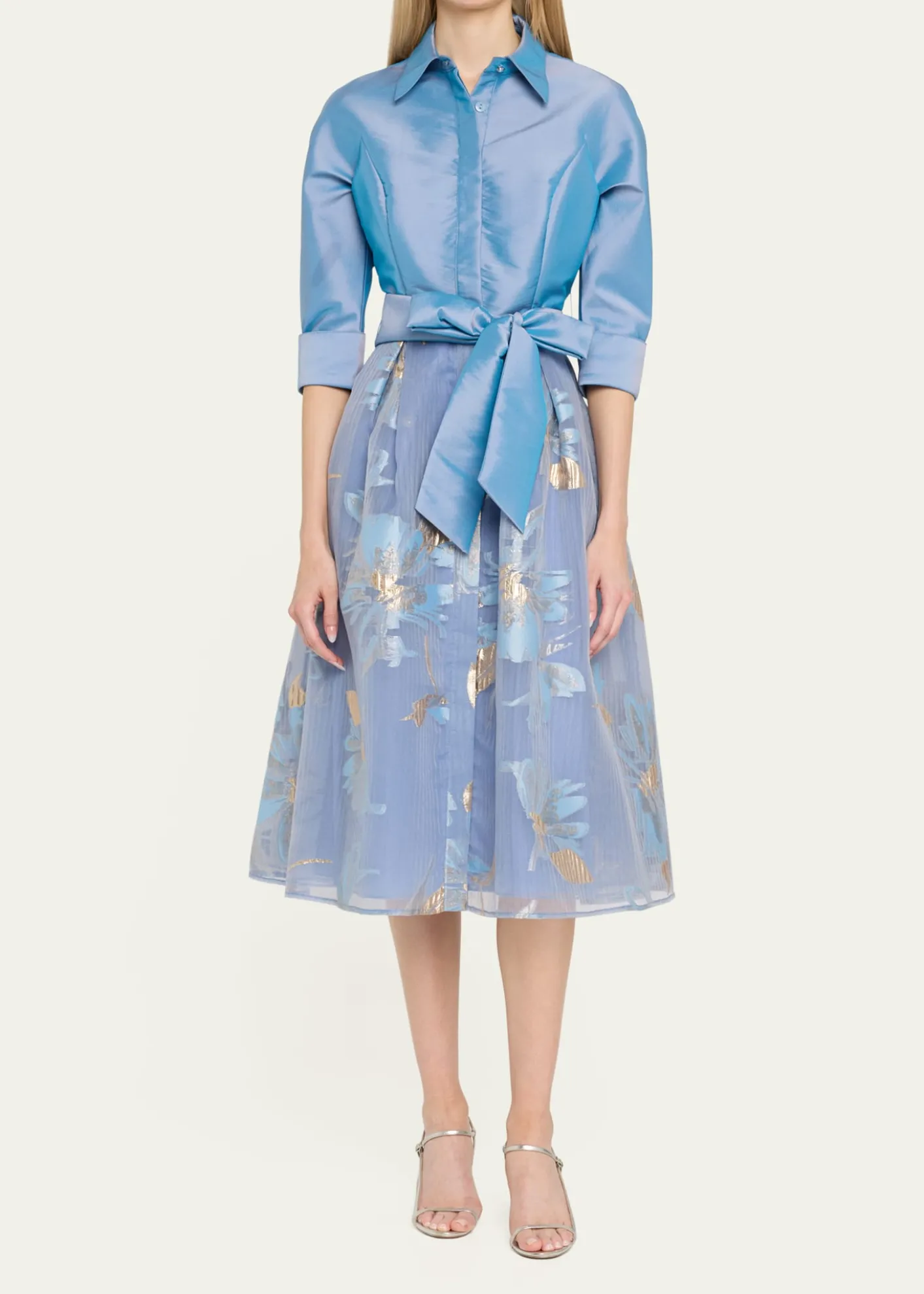 Rickie Freeman for Teri JonTaffeta & Floral Organza Midi Shirtdress