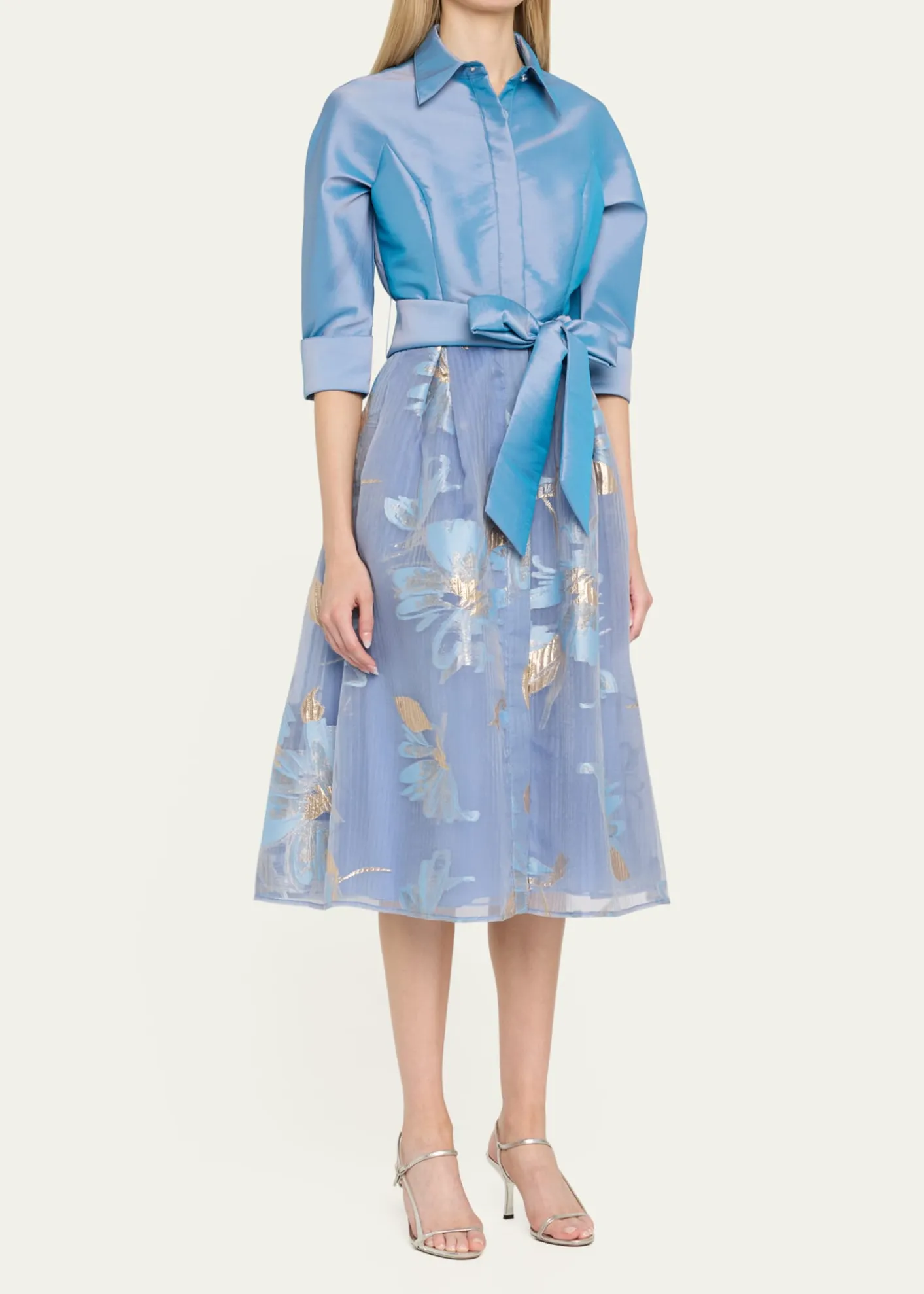 Rickie Freeman for Teri JonTaffeta & Floral Organza Midi Shirtdress