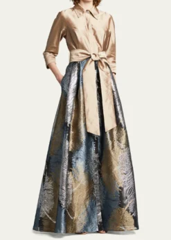 Rickie Freeman for Teri JonTaffeta Shirtdress w/ Feather Metallic Jacquard