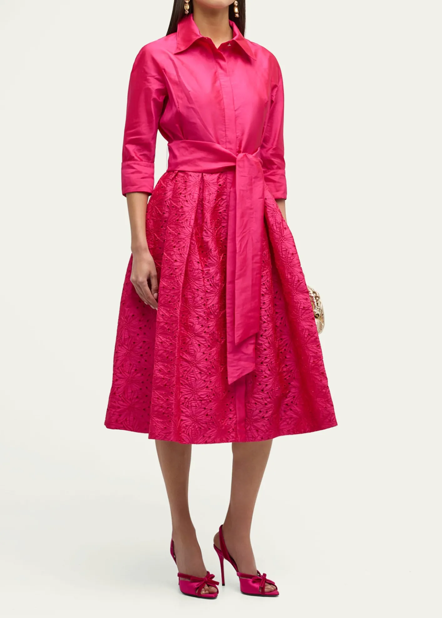 Rickie Freeman for Teri JonTaffeta Shirt Dress w/ Eyelet Skirt