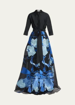 Rickie Freeman for Teri JonTaffeta and Floral Jacquard Organza Shirt Gown
