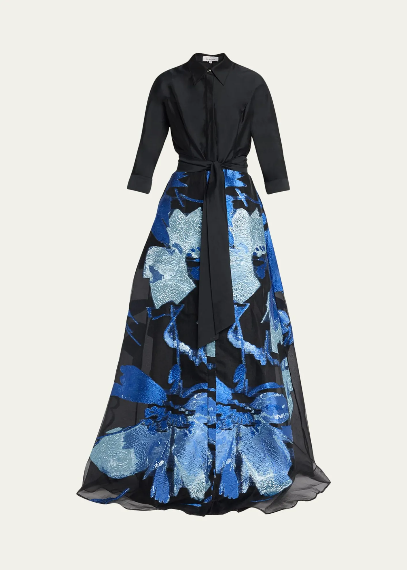 Rickie Freeman for Teri JonTaffeta and Floral Jacquard Organza Shirt Gown