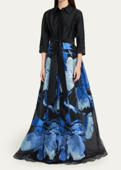 Rickie Freeman for Teri JonTaffeta and Floral Jacquard Organza Shirt Gown
