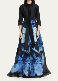 Rickie Freeman for Teri JonTaffeta and Floral Jacquard Organza Shirt Gown