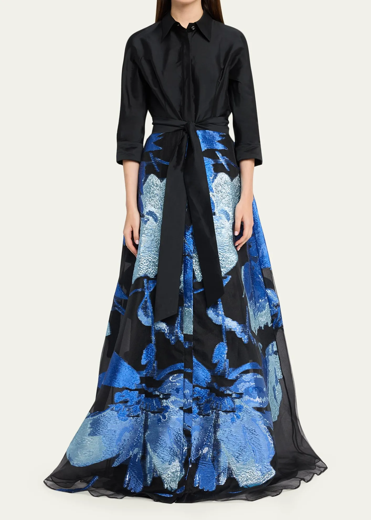 Rickie Freeman for Teri JonTaffeta and Floral Jacquard Organza Shirt Gown