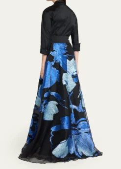 Rickie Freeman for Teri JonTaffeta and Floral Jacquard Organza Shirt Gown